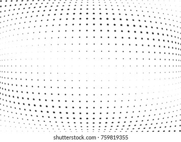 Abstract halftone wave dotted background. Futuristic twisted grunge pattern, star.  Vector modern optical pop art texture for posters, postcard, grunge cover, labels, vintage sticker mock-up layout