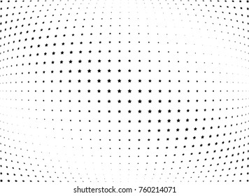 Abstract halftone wave dotted background. Futuristic twisted grunge pattern, star.  Vector modern optical pop art texture for posters, postcard, grunge cover, labels, vintage sticker mock-up layout