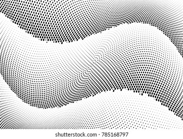 Abstract halftone wave dotted background. Futuristic twisted grunge pattern, dot, circles.  Vector modern optical pop art texture for posters, business cards, cover, labels mock-up, stickers layout