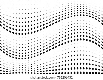 Abstract halftone wave dotted background. Futuristic twisted grunge pattern, dot, circles.  Vector modern optical pop art texture for posters, business cards, cover, labels mock-up, stickers layout