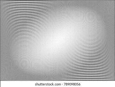 Abstract halftone wave dotted background. Futuristic twisted grunge pattern, dot, circles.  Vector modern optical pop art texture for posters, business cards, cover, labels mock-up, stickers layout