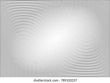 Abstract halftone wave dotted background. Futuristic twisted grunge pattern, dot, circles.  Vector modern optical pop art texture for posters, business cards, cover, labels mock-up, stickers layout