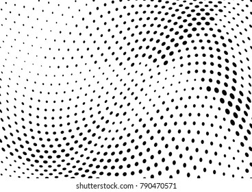 Abstract halftone wave dotted background. Futuristic twisted grunge pattern, dot, circles.  Vector modern optical pop art texture for posters, business cards, cover, labels mock-up, stickers layout