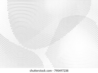 Abstract halftone wave dotted background. Futuristic twisted grunge pattern, dot, circles.  Vector modern optical pop art texture for posters, business cards, cover, labels mock-up, stickers layout