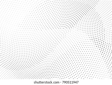 Abstract halftone wave dotted background. Futuristic twisted grunge pattern, dot, circles.  Vector modern optical pop art texture for posters, business cards, cover, labels mock-up, stickers layout