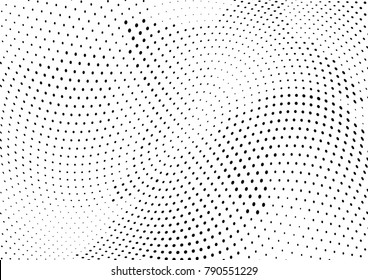 Abstract halftone wave dotted background. Futuristic twisted grunge pattern, dot, circles.  Vector modern optical pop art texture for posters, business cards, cover, labels mock-up, stickers layout