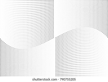 Abstract halftone wave dotted background. Futuristic twisted grunge pattern, dot, circles.  Vector modern optical pop art texture for posters, business cards, cover, labels mock-up, stickers layout