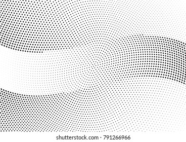 Abstract halftone wave dotted background. Futuristic twisted grunge pattern, dot, circles.  Vector modern optical pop art texture for posters, business cards, cover, labels mock-up, stickers layout