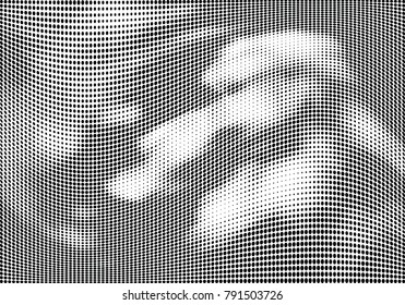 Abstract halftone wave dotted background. Futuristic twisted grunge pattern, dot, circles.  Vector modern optical pop art texture for posters, business cards, cover, labels mock-up, stickers layout