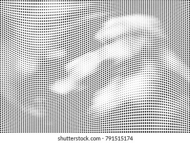 Abstract halftone wave dotted background. Futuristic twisted grunge pattern, dot, circles.  Vector modern optical pop art texture for posters, business cards, cover, labels mock-up, stickers layout