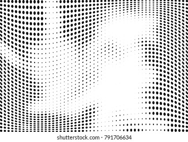 Abstract halftone wave dotted background. Futuristic twisted grunge pattern, dot, circles.  Vector modern optical pop art texture for posters, business cards, cover, labels mock-up, stickers layout