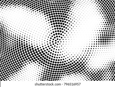 Abstract halftone wave dotted background. Futuristic twisted grunge pattern, dot, circles.  Vector modern optical pop art texture for posters, business cards, cover, labels mock-up, stickers layout