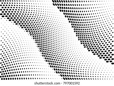 Abstract halftone wave dotted background. Futuristic twisted grunge pattern, dot, circles.  Vector modern optical pop art texture for posters, business cards, cover, labels mock-up, stickers layout