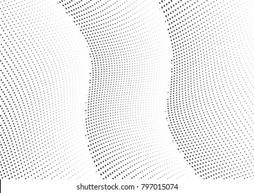 Abstract halftone wave dotted background. Futuristic twisted grunge pattern, dot, circles.  Vector modern optical pop art texture for posters, business cards, cover, labels mock-up, stickers layout