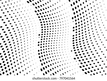 Abstract halftone wave dotted background. Futuristic twisted grunge pattern, dot, circles.  Vector modern optical pop art texture for posters, business cards, cover, labels mock-up, stickers layout