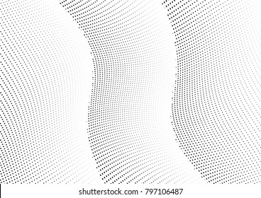 Abstract halftone wave dotted background. Futuristic twisted grunge pattern, dot, circles.  Vector modern optical pop art texture for posters, business cards, cover, labels mock-up, stickers layout