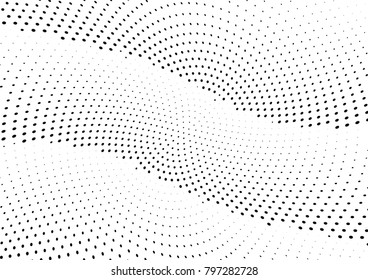Abstract halftone wave dotted background. Futuristic twisted grunge pattern, dot, circles.  Vector modern optical pop art texture for posters, business cards, cover, labels mock-up, stickers layout