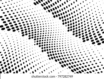 Abstract halftone wave dotted background. Futuristic twisted grunge pattern, dot, circles.  Vector modern optical pop art texture for posters, business cards, cover, labels mock-up, stickers layout