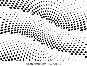 Abstract halftone wave dotted background. Futuristic twisted grunge pattern, dot, circles.  Vector modern optical pop art texture for posters, business cards, cover, labels mock-up, stickers layout
