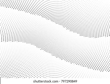 Abstract halftone wave dotted background. Futuristic twisted grunge pattern, dot, circles.  Vector modern optical pop art texture for posters, business cards, cover, labels mock-up, stickers layout