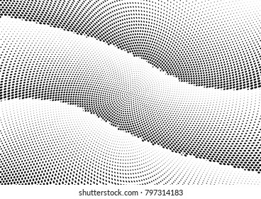 Abstract halftone wave dotted background. Futuristic twisted grunge pattern, dot, circles.  Vector modern optical pop art texture for posters, business cards, cover, labels mock-up, stickers layout