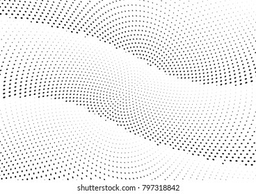Abstract halftone wave dotted background. Futuristic twisted grunge pattern, dot, circles.  Vector modern optical pop art texture for posters, business cards, cover, labels mock-up, stickers layout