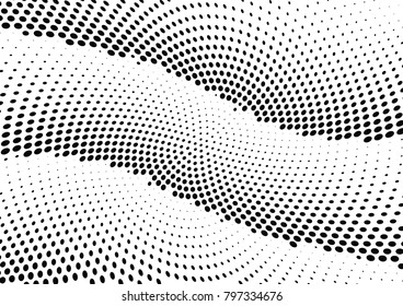 Abstract halftone wave dotted background. Futuristic twisted grunge pattern, dot, circles.  Vector modern optical pop art texture for posters, business cards, cover, labels mock-up, stickers layout