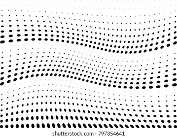 Abstract halftone wave dotted background. Futuristic twisted grunge pattern, dot, circles.  Vector modern optical pop art texture for posters, business cards, cover, labels mock-up, stickers layout
