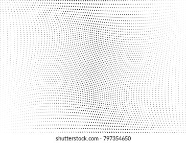 Abstract halftone wave dotted background. Futuristic twisted grunge pattern, dot, circles.  Vector modern optical pop art texture for posters, business cards, cover, labels mock-up, stickers layout