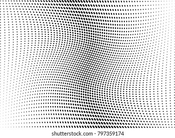 Abstract halftone wave dotted background. Futuristic twisted grunge pattern, dot, circles.  Vector modern optical pop art texture for posters, business cards, cover, labels mock-up, stickers layout