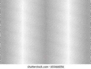 Abstract halftone wave line background. Monochrome pattern with varying line thickness.  Vector modern pop art texture for poster, sites, business cards, cover, postcard, design, labels, stickers.