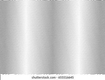 Abstract halftone wave line background. Monochrome pattern with varying line thickness.  Vector modern pop art texture for poster, sites, business cards, cover, postcard, design, labels, stickers.