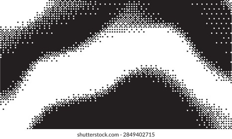 An abstract halftone wave pattern featuring high contrast black and white dotted textures suitable for modern digital backgrounds and artistic graphic design