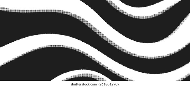 Abstract Halftone Wave Pattern with Gradient Dots and White Background creates a Modern 3D Effect. This Vector Design Combines Black and White Elements for a Minimalist Geometric Art.