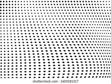 Abstract halftone wave. The texture is chaotic of black dots on a white background. Template for printing on business cards, badges, posters, icons