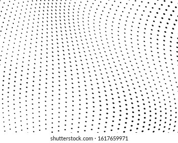 Abstract halftone wave. The texture is chaotic of black dots on a white background. Template for printing on business cards, badges, posters, icons