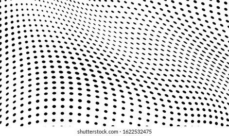 Abstract halftone wave. The texture is chaotic of black dots on a white background. Template for printing on business cards, badges, posters, icons