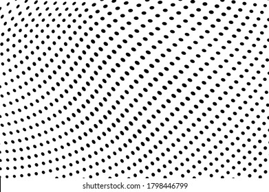 Ola de media tonalidad abstracta. La textura es caótica de puntos negros sobre un fondo blanco. Plantilla para imprimir en tarjetas de visita, insignias, carteles, iconos