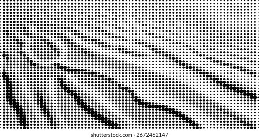 Textura de onda de meio-tom abstrata. Fundo pontilhado monocromático com linhas curvas suaves. Design grunge retro minimalista. Ilustração vetorial.