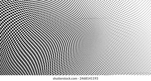 Abstractas fondo punteado de ondas de semitonos. Futurista patrón de grunge torcido, puntos, círculos. Vector de textura de arte pop óptico moderno para póster, tarjeta de visita, cubierta, etiqueta de maqueta, etiqueta engomada