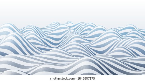 Resumen de ondas de media tonalidad y rayas. El concepto de invierno abstracto. Ilusión 3d de agua estilizada fluyendo. Arte de línea gráfica.