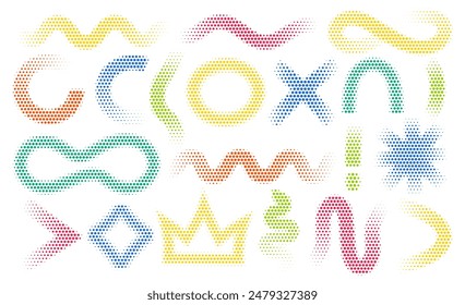 Abstract halftone wavy, circular, endless shapes in multicolored shades. Curly dot doodles in grunge style.