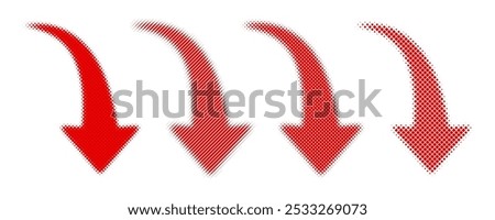 Abstract halftone-dotted red, curved arrows pointing to the right and down on a white background. Direction symbol. Arrow symbols for infographics and posters. Vector illustration