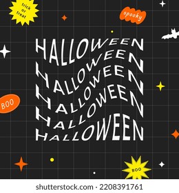 Abstract Halloween background, banner, greeting card. Trendy psychedelic retro style y2k , geometric shapes, fun elements and stickers, patches, bat, bright colors. Minimalistic design.