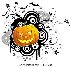 Abstract halloween background with bats & pumpkin, vector illustration
