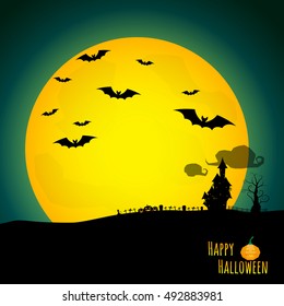 abstract halloween background with black castle in graveyard and bat vector illustration