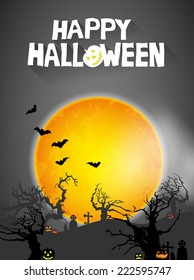 abstract halloween background with creepy tree, grave stones, bats, pumpkins, moon