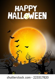 abstract halloween background with creepy tree, grave stones, bats, pumpkins, moon