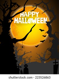 abstract halloween background with creepy tree, grave stones, bats, pumpkins, moon