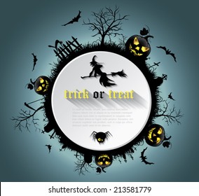 Abstract Halloween background  with  graveyard, witch, pumpkin, bats and text place